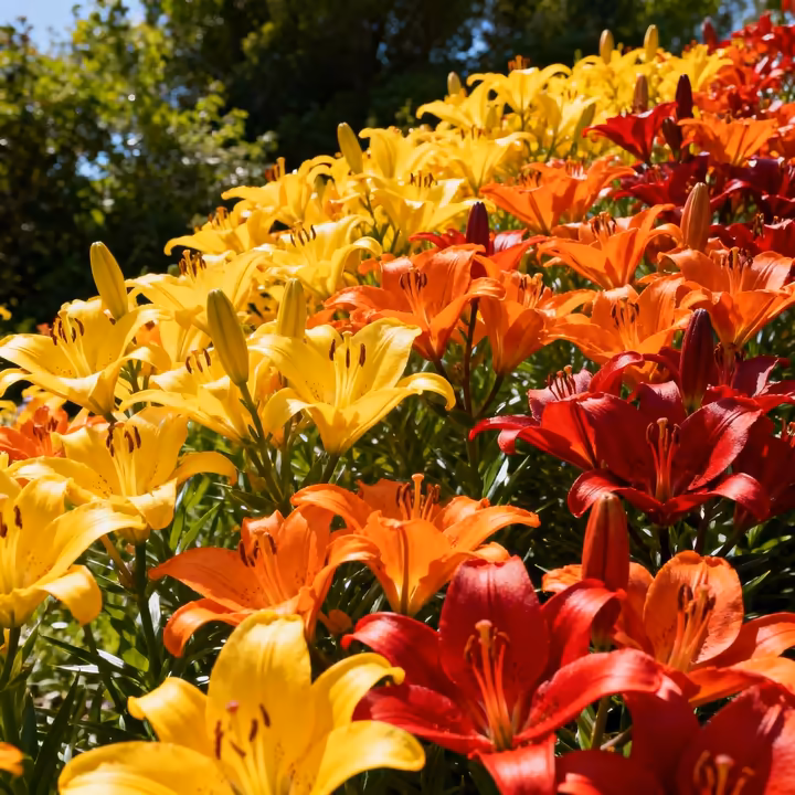 A vibrant garden bed filled with upward-facing Asiatic hybrid lilies in a mix of bright yellow, orange, and red.