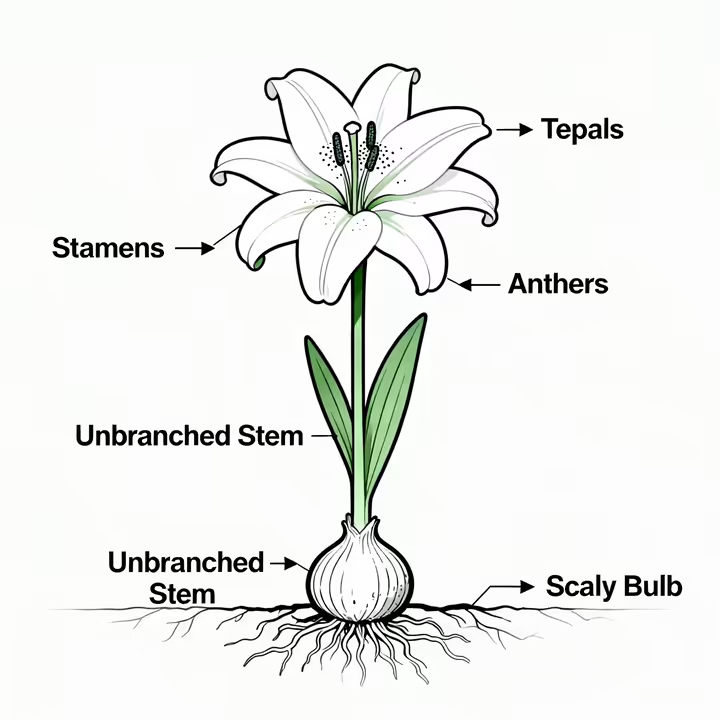 An educational diagram illustrating the anatomy of a true lily, pointing to the scaly bulb, stem, tepals, and stamens with anthers.