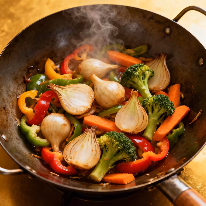 A delicious-looking Asian stir-fry dish in a wok, with slices of lily bulb (yurine) mixed with other fresh vegetables.