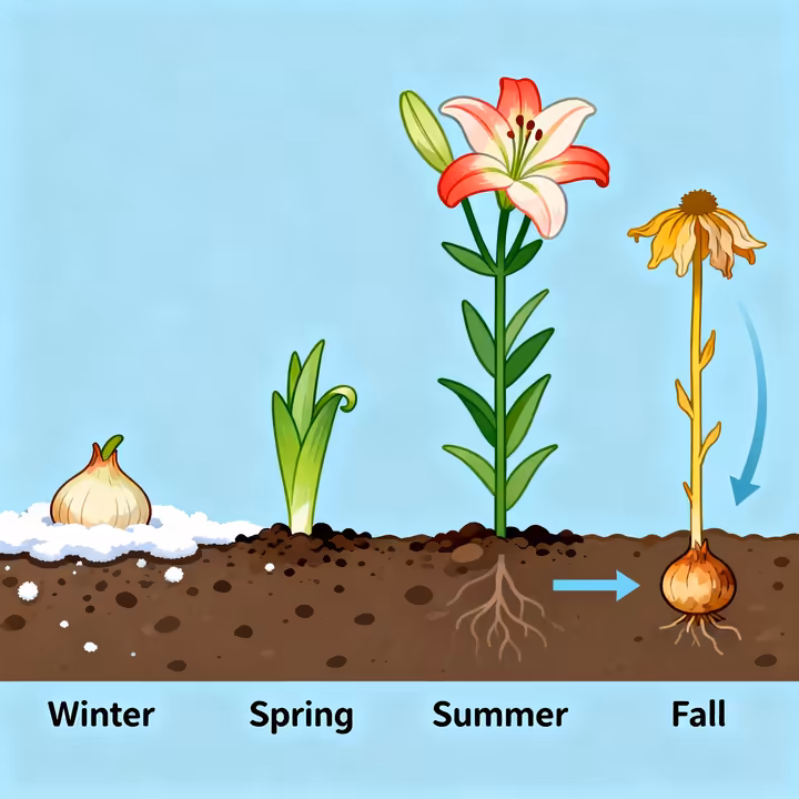 An infographic showing the annual life cycle of a lily, from dormant bulb in winter, to sprouting stem in spring, to blooming flower in summer, and the plant dying back in fall to recharge the bulb.
