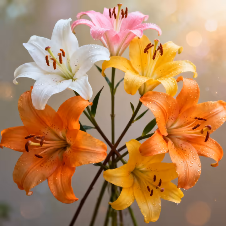 A colorful collection of various true lilies, including Asiatic and Oriental types, showcasing their diverse shapes and colors.