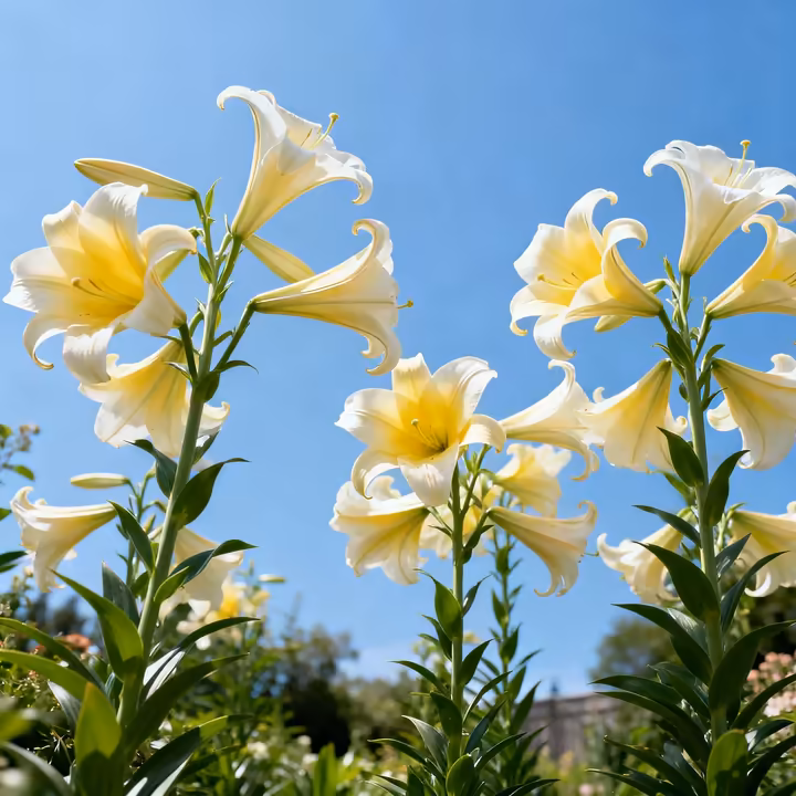 Tall, majestic Trumpet lilies with their large, fragrant, trumpet-shaped flowers towering in a summer garden.