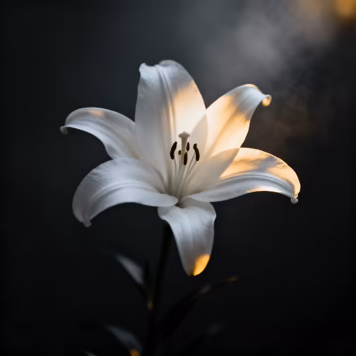 An elegant, pure white Madonna lily, a symbol of purity and virtue often depicted in religious and historical art.