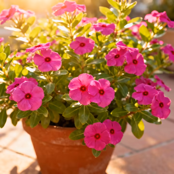 The bright pink flowers and upright, bushy growth of Madagascar periwinkle (Catharanthus roseus), which is distinct from the vining garden periwinkle.