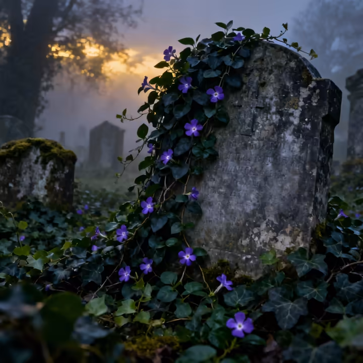 A moody, atmospheric photo of periwinkle vines creeping over old gravestones in a misty cemetery, hinting at its folklore connections.