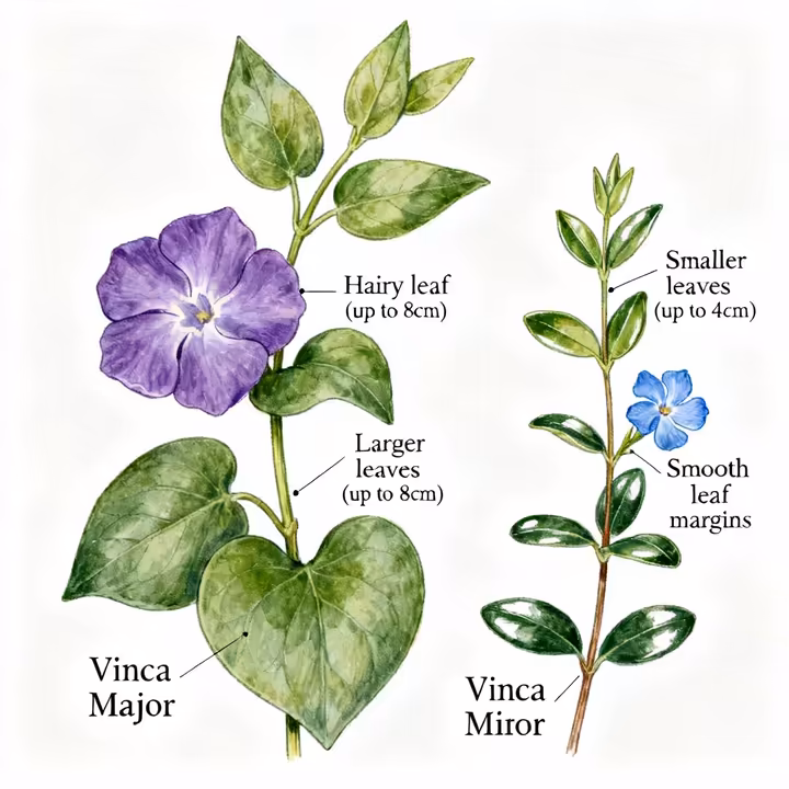 A side-by-side comparison showing the larger, heart-shaped leaves of Vinca major next to the smaller, elliptical leaves of Vinca minor.