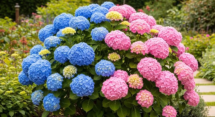 A large bush covered in both blue and pink hydrangea blooms, showcasing the effect of soil acidity.