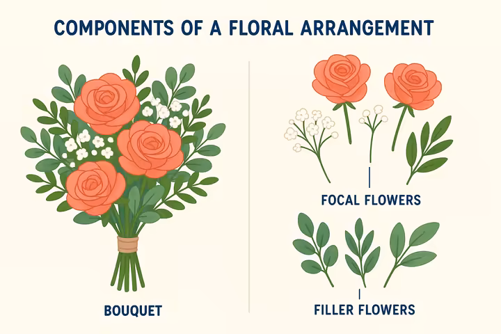 Diagram of a bouquet showing focal flowers, filler flowers, and greenery labeled.