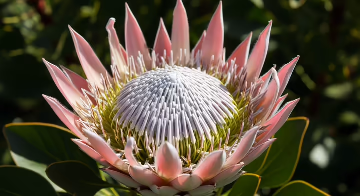 A close-up of a majestic King Protea flower, the national flower of South Africa.