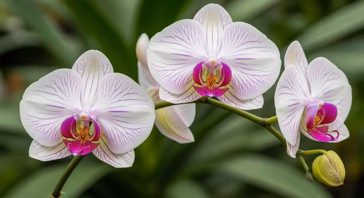 A stunning Phalaenopsis (Moth Orchid) spray with intricate purple and white patterns.