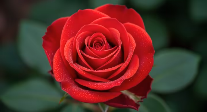 Close-up of a perfect red Hybrid Tea rose with dew drops on its petals.