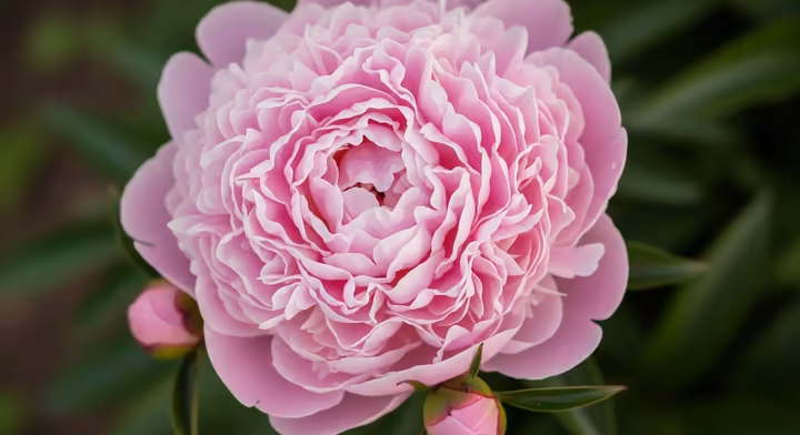 A soft pink, fully bloomed peony with countless ruffled petals.